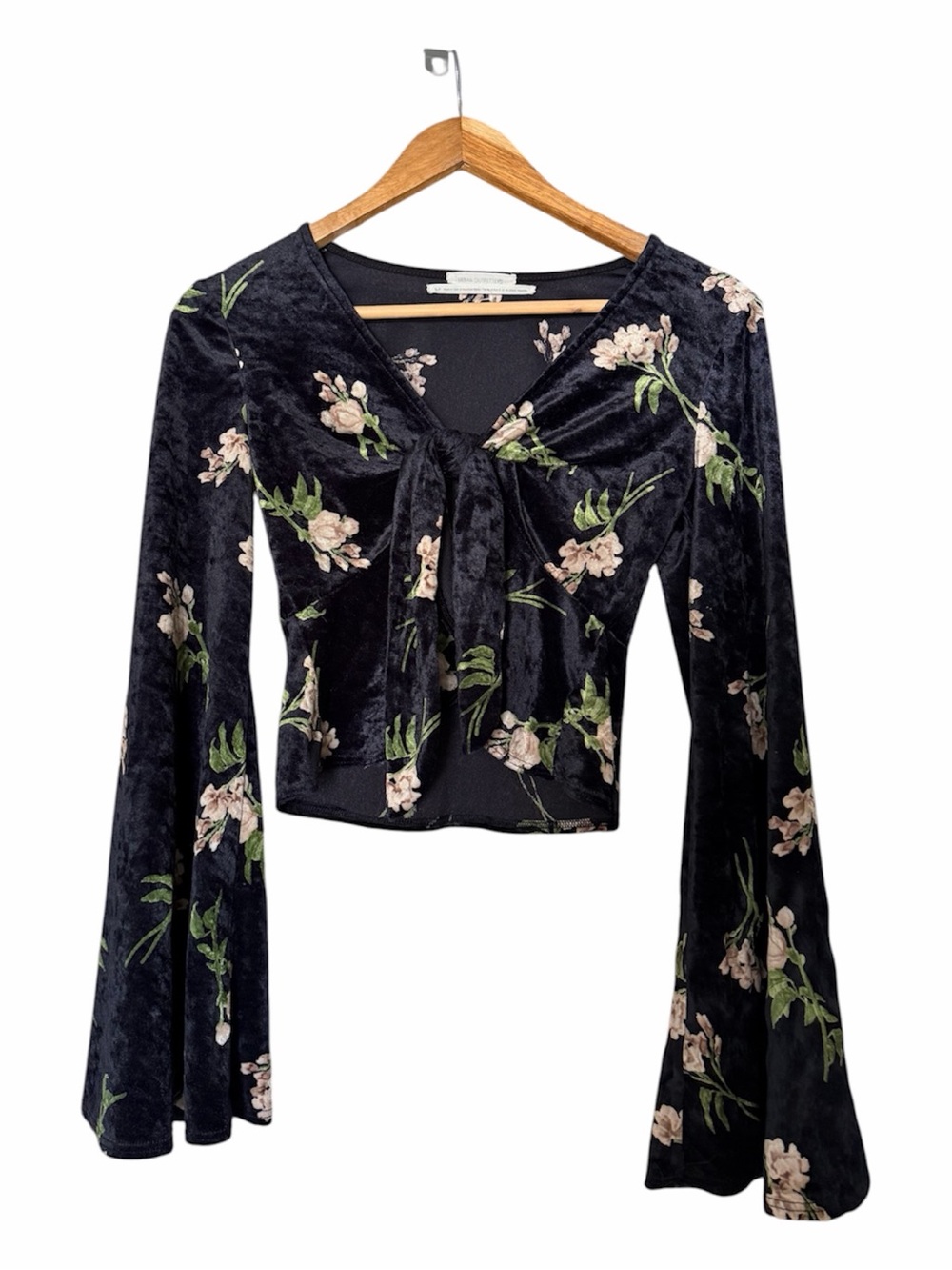 Urban Outfitters Velvet Tie-Front Top Bell Sleeve Floral Black Y2K Style S - Picture 3 of 8